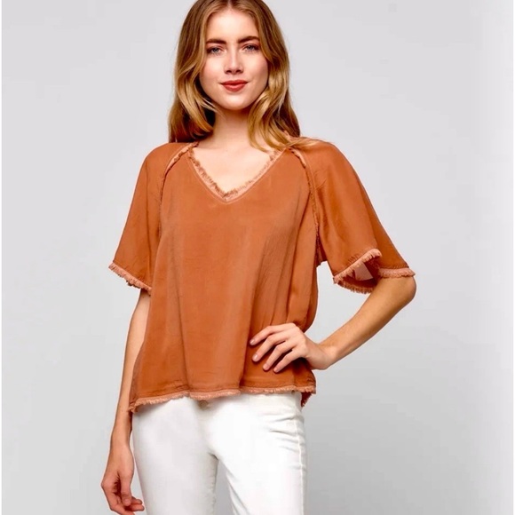 Maven West Tops - Maven West Short Sleeve V-neck Terra Cotta Fray Top